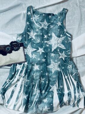 Star Print Denim look tunic - White Stars on Washed Blue, soft feel.